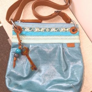 NEW Fossil Covered Canvas Key-Per Bag with Key Ornament Sea Blue Boho Travel